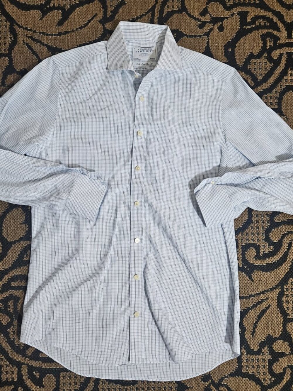 Charles Tyrwhitt Men's White Blue Plaid Cotton Dress Shirt Size 15.5x 33 Inches